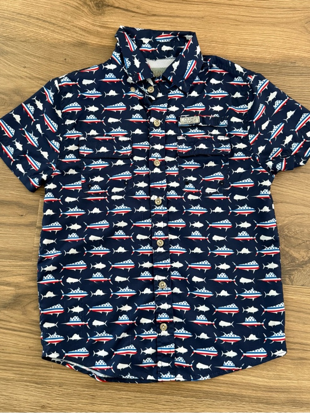 Ocean Coast Boys Fishing Shirt Small Navy Shark Print Button Up Patriotic Red
